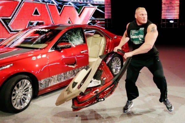 Best Pro Wrestling Road Stories Graphic of Brock Lesner Ripping the door off a red car