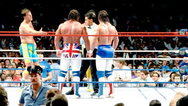 The Fabulous Rougeau's and The British Bulldogs feuding in the ring