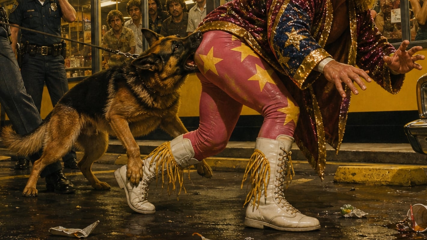 Illustrated scene of Macho Man Randy Savage being bitten by a German Shepherd police dog outside a Nashville-area Waffle House diner in 1978. 