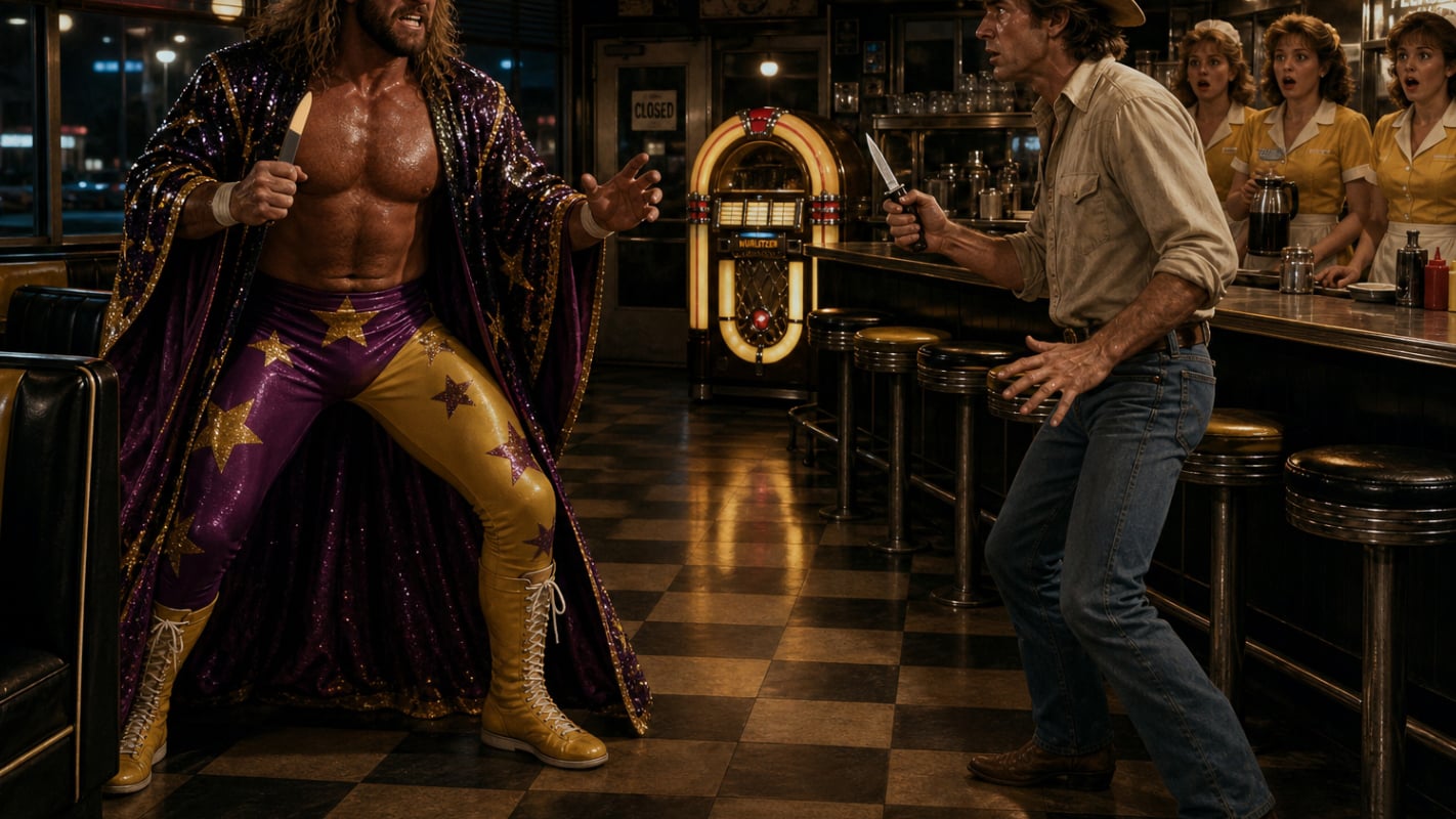 Illustrated depiction of Macho Man Randy Savage squaring off against an off-duty cook in a cowboy hat inside a late-night Nashville Waffle House, armed with what he could grab from behind the counter: a butter knife. As Dutch Mantell later recalled, that detail did not slow Savage down one bit. 