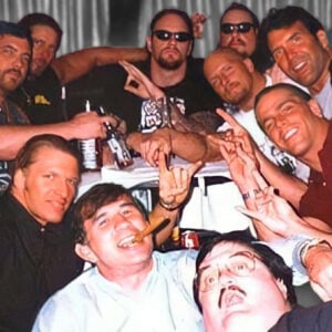 European tours were always great for camaraderie as it was one of the few times wrestlers could come together on the tour bus and throw a few back (from left to right: Henry Godwinn, Kevin Nash, Triple H, Gerald Brisco, Undertaker, Phineas Godwinn/Mideon, Steve Austin, Scott Hall, Shawn Michaels, Sean Waltman and Paul Bearer up front).