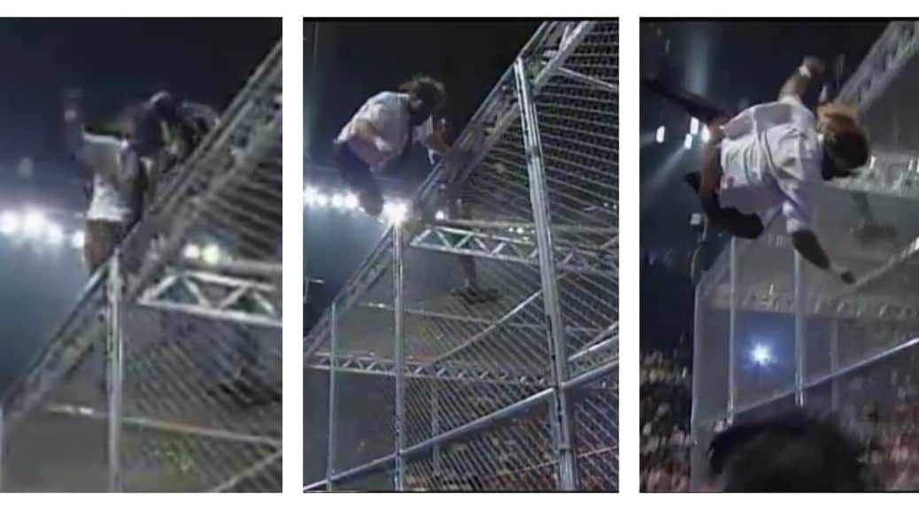 Mankind (Mick Foley) during his legendary high-risk plunge from the Hell in a Cell structure against The Undertaker at King of the Ring 1998, demonstrating the extreme dedication that defined his career. 