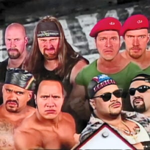 The Gang Wars were in full swing in the WWF by the end of 1997 (pictured: DOA, Nation of Domination, Los Baricuas, and The Truth Commission).