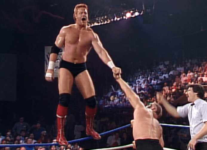 The Undertaker's first year in WWE - "Mean" Mark Callous doing his trademark rope walk against Road Warrior Animal in WCW prior to his time as Undertaker in the WWE