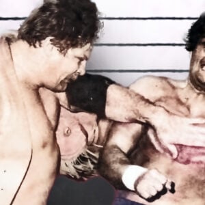 “We have contact!” Stan Hansen dishes out stiff punishment on Johnny Gunn (Tom Brandi). His hard-hitting style was legendary.