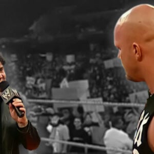 In a WWE ring, eight years after Eric Bischoff fires Steve Austin from WCW. Monday Night Raw, November 3, 2003.