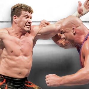 Eddie Guerrero and Kurt Angle, shown here in their 2004 WWE Championship match at WrestleMania XX, were like brothers outside the ring. With brothers, things tend to get a bit physical from time to time. In one instance backstage, the two of them got into it!