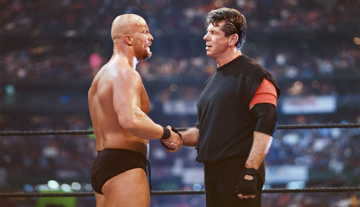 Stone Cold Steve Austin turns heel and aligns himself with 'the devil himself', Vince McMahon at WrestleMania 17. Stone Cold Steve Austin turns heel and aligns himself with 'the devil himself', Vince McMahon at WrestleMania 17.
