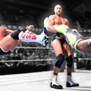 son Kidd and Cesaro execute a seamless tandem move on Kofi Kingston, demonstrating the teamwork that earned them WWE tag team gold before Tyson Kidd’s promising career was tragically cut short.