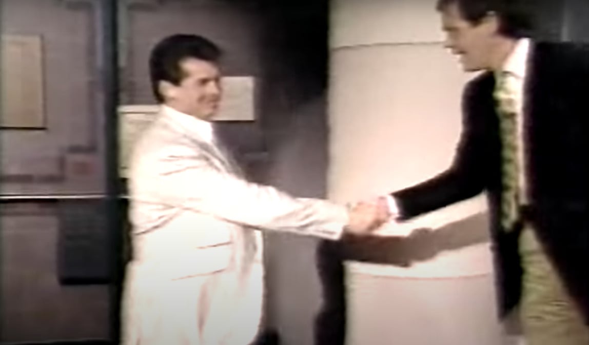 Vince McMahon is greeted by David Letterman while on his show in 1989. Everything seems to be going well thus far!