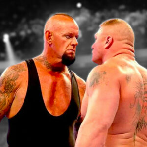Undertaker and Brock Lesnar stare each other down just prior to their history-changing match at WrestleMania 30.