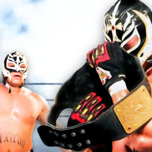 Rey Mysterio celebrates winning the WWE World Heavyweight Championship at WrestleMania 22.