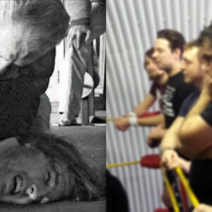 "So, you want to be a wrestler?" Left: Stu Hart stretches a new wrestling recruit in the infamous Hart Dungeon. Right: A new batch of pro wrestling students absorb life lessons and fundamentals during training.