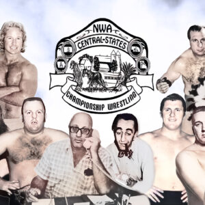 The NWA Central States Wrestling territory thrived under the tutelage of Bob Giegel (center) and stars such as (from left to right) Harley Race, "Tarzan" Killer Kowalski, Sonny Myers, Mike George, Black Angus Campbell, Steve Regal, "Bulldog" Bob Brown, Dewey Robertson (pre-Missing Link), Wild Bill Longson, "The Big O" Bob Orton Sr., Danny Little Bear, "Nature Boy" Roger Kirby, Orville Brown, "The Freight Train" Rufus R. Jones, and a host of others.