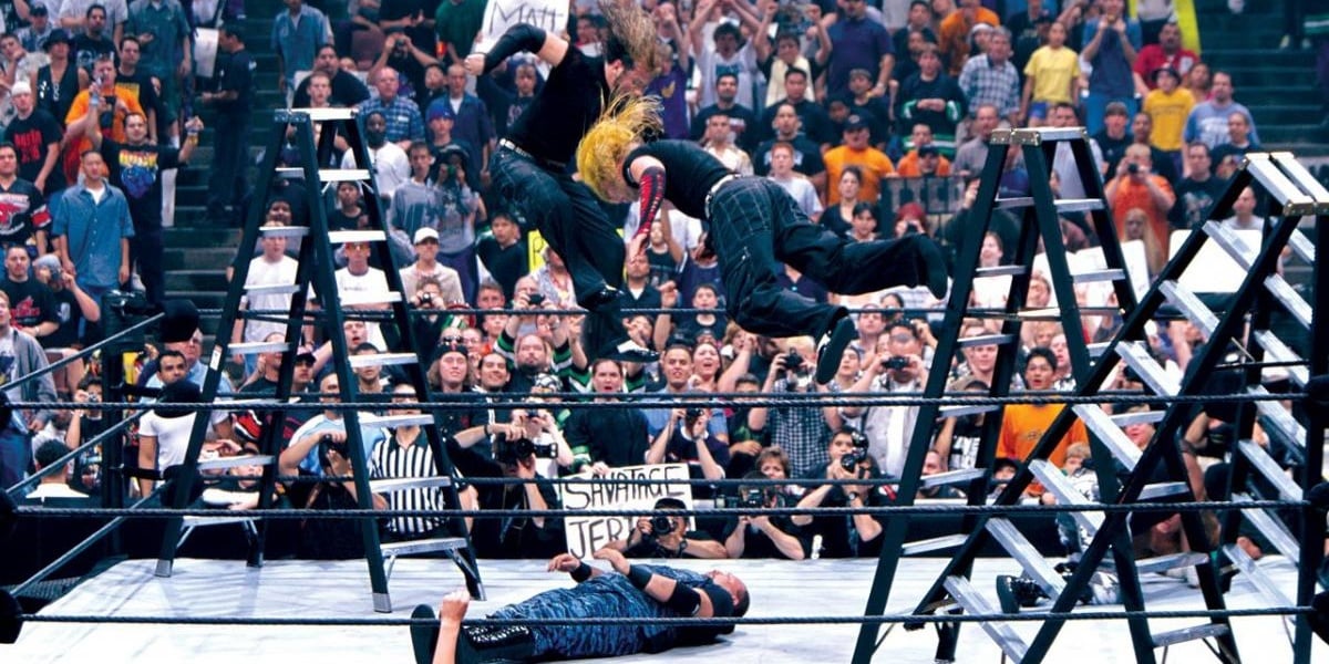 8 Ladder Matches That Redefined Wrestling History Edge and Christian, The Dudley Boyz, and The Hardy Boyz compete in a six man ladder match at WrestleMania 2000