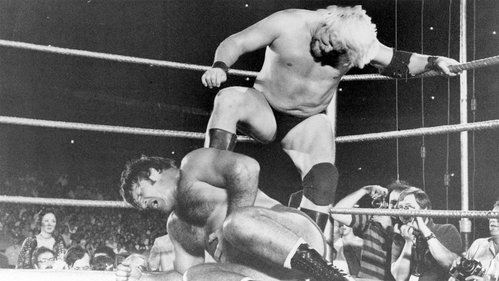 A young and green Stan Hansen stomps on Bruno Sammartino in 1976.