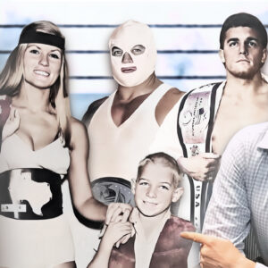 Three Generations of Professional Wrestlers: From left to right- Steve Nelson's grandmother, Ann LaVerne; mother, Marie LaVerne; father, Gordon Nelson (in one of his many masked personas); and Steve Nelson as a child, a champion wrestler, and today.