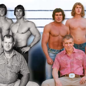 The real-life Von Erich wrestling family in 1980 (left): Jack Adkisson, foreground, who wrestled as Fritz Von Erich, with his sons Kevin, left, David, center, and Kerry, right. The actors who represent them in the movie The Iron Claw (right): Zac Efron (Kevin Von Erich), Harris Dickinson (David Von Erich), Jeremy Allen White (Kerry Von Erich), and Holt McCallany (Fritz Von Erich).