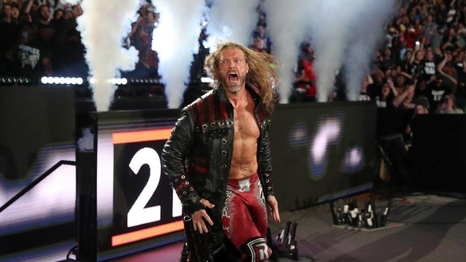 Edge makes his shocking comeback return as the 21st entrant in the 2020 WWE Royal Rumble match at Minute Maid Park in Houston, Texas on January 26, 2020. 