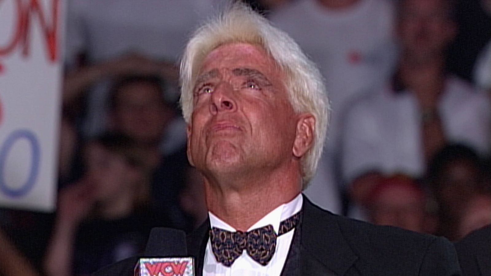 Ric Flair fights back tears as he makes his emotional return to WCW Monday Nitro at the Mississippi Coast Coliseum in Biloxi on September 14, 1998. 