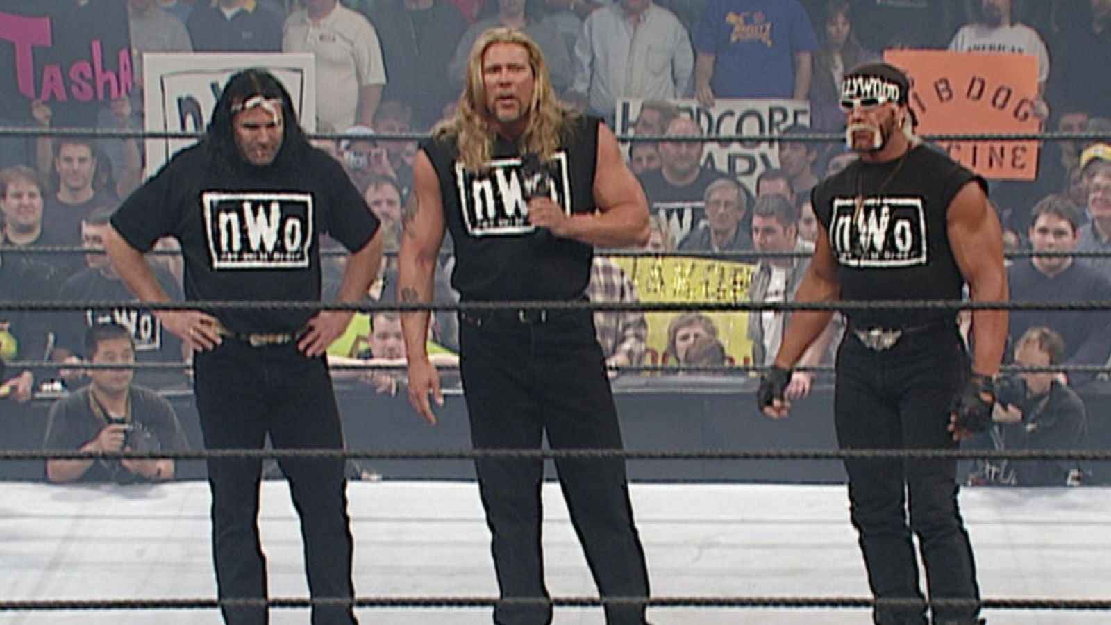 Hulk Hogan, Kevin Nash, and Scott Hall reintroduce the New World Order during WWE’s No Way Out pay-per-view at Arco Arena in Sacramento, California on February 17, 2002. 