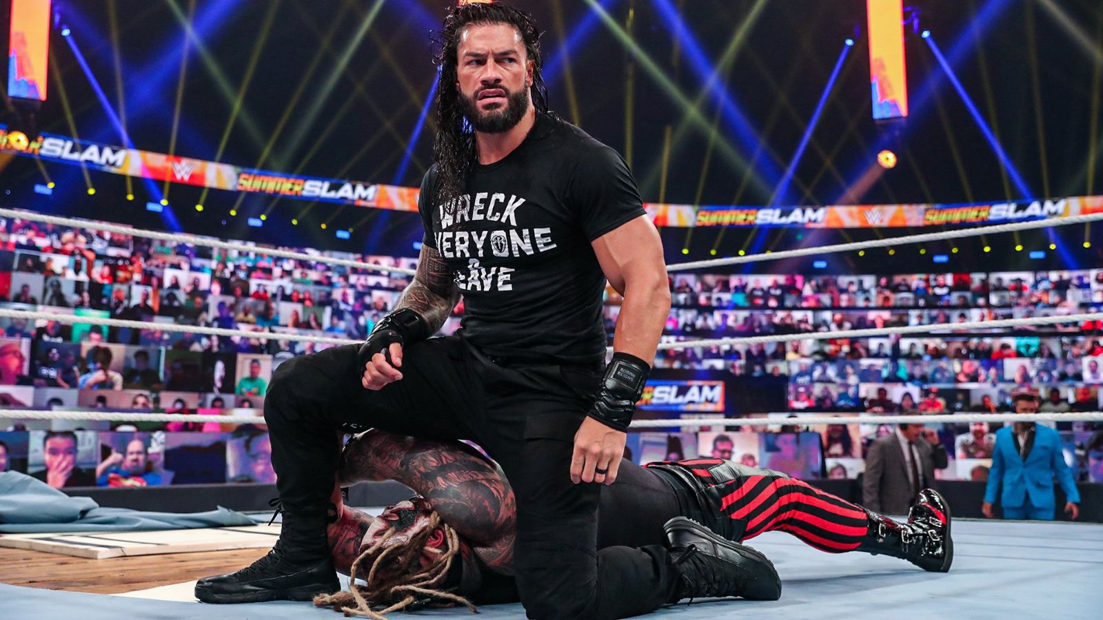 Roman Reigns attacks Bray Wyatt after his surprise return to WWE at SummerSlam 2020 inside the WWE ThunderDome at Amway Center in Orlando, Florida on August 23, 2020. 