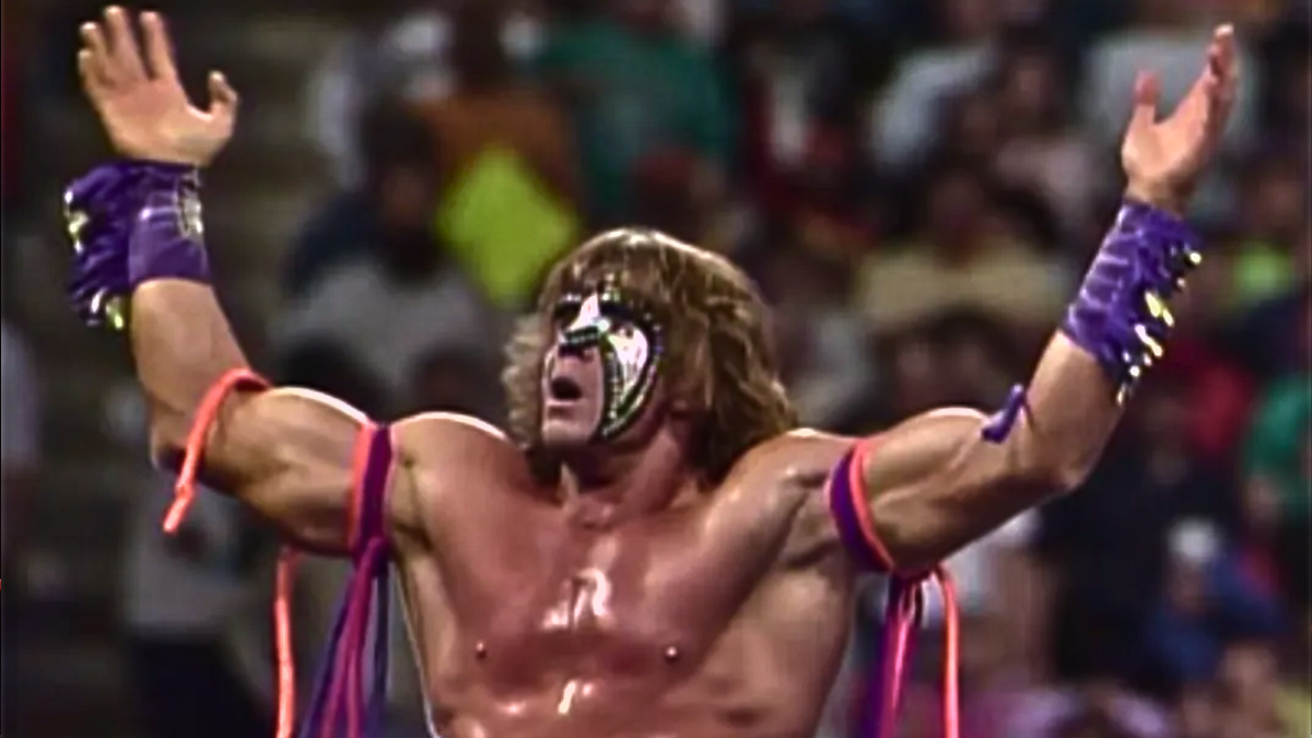  The Ultimate Warrior stands in the ring on his WrestleMania VIII return after a nine-month hiatus, racing in to rescue Hulk Hogan from Sid Justice and Papa Shango at the Hoosier Dome in Indianapolis on April 5, 1992. 