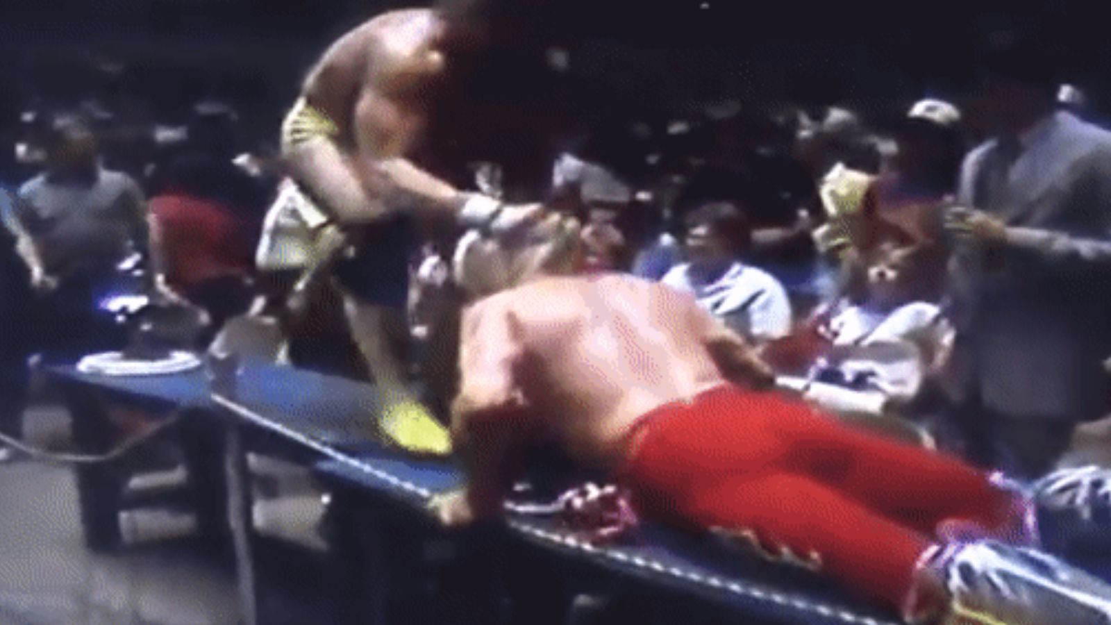 Memphis wrestling in 1984: Randy Savage and Lanny Poffo vs. The Rock ‘n’ Roll Express (Ricky Morton & Robert Gibson). Savage later drives Morton through a ringside table with a piledriver in one of wrestling's earliest table spots. 