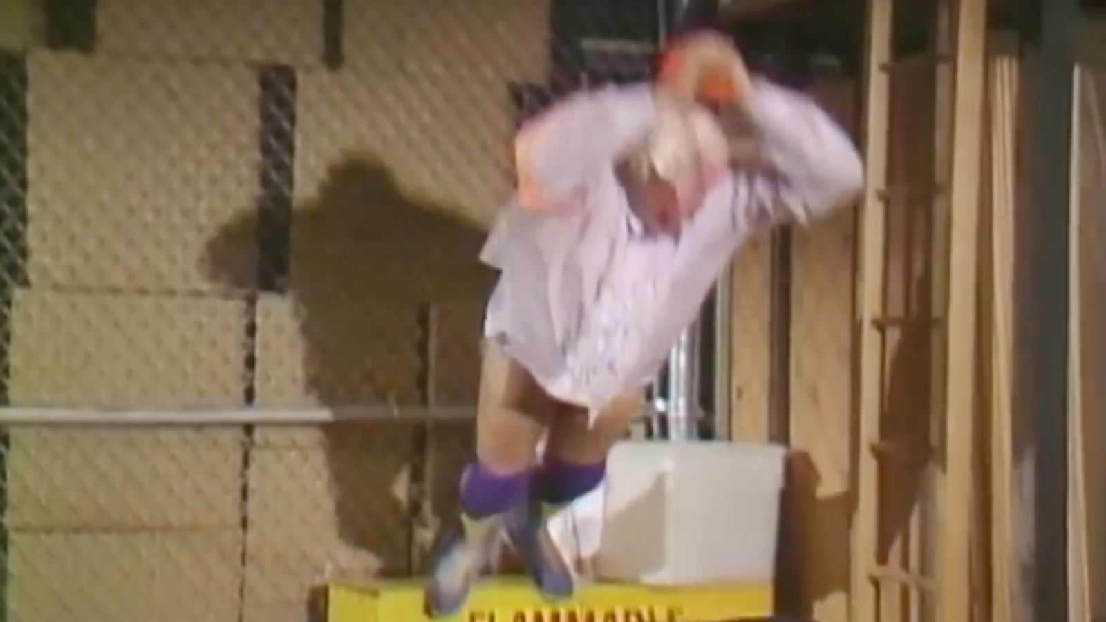 WWF Slammy Awards 1987: King Harley Race leaps toward Hacksaw Jim Duggan lying on a ringside table. Duggan rolls away, sending Race crashing through the wood – WWE’s first table spot of the Rock ‘n’ Wrestling era. 