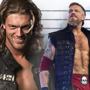 A younger Adam Copeland as the "Rated R Superstar" Edge in WWE and Copeland more recently in All Elite Wrestling.