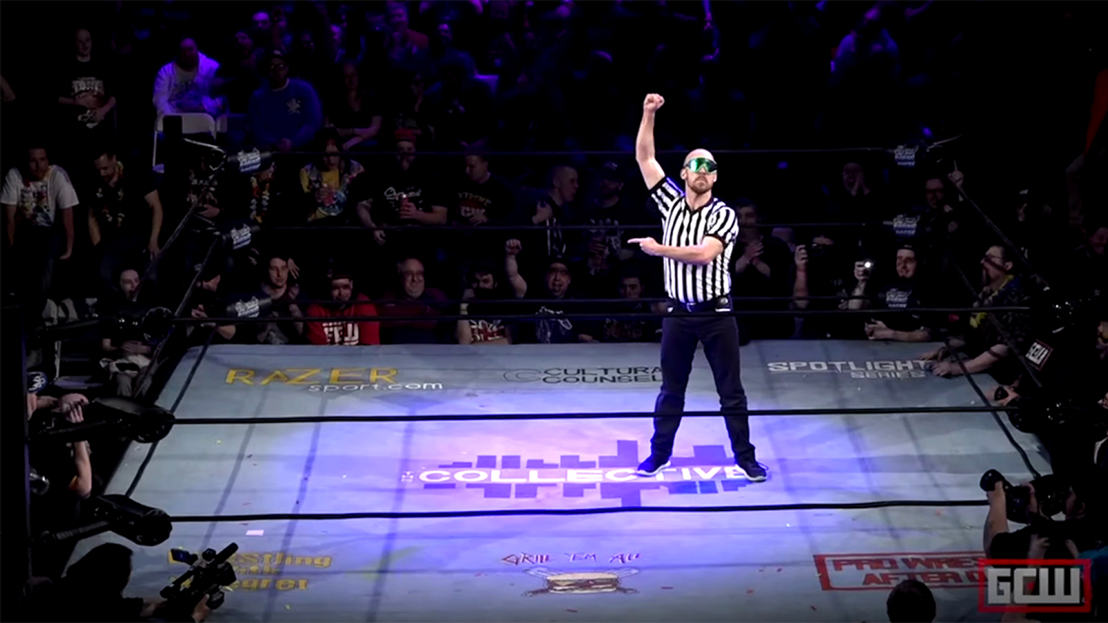 AEW and independent referee Bryce Remsburg raises "the winner’s" hand in GCW’s Invisible Man match, a concept seen at Joey Janela’s Spring Break 3 in 2019. 