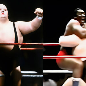 King Kong Bundy in action during his lightning-fast victory over S.D. Jones at WrestleMania I on March 31st, 1985, at Madison Square Garden. This historic squash match introduced a storytelling technique that would become a lasting staple in professional wrestling.