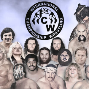 The International Championship Wrestling (ICW) territory, under the tutelage of Angelo Poffo and his sons, Randy Poffo (Savage) and Lanny Poffo, thrived with stars such as (from left to right) Miss Elizabeth Hulette, “Hustler” Rip Rogers, George Weingeroff, Gary Royal, “Ratamyus” Bill Howard, “Pistol” Pez Whatley, “The Devils Duo” Doug Vines and Jeff Sword with manager Izzy Slapawitz, Mike Doggendorf, “Crusher Broomfield” George Gray (later known as One Man Gang and Akeem), Barry O (Orton), Bob Roop, Ox Baker, “Ginger” the Wrestling Bear, Ron Wright, Ronnie Garvin, The Great Boris Malenko, Bob Orton, The Mizer, and a host of others. Artwork by Pro Wrestling Stories.