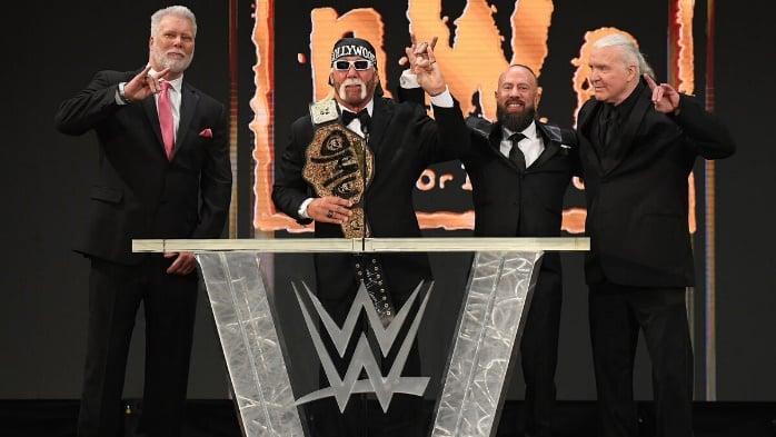 The nWo accepting their induction into the WWE Hall of Fame in 2021, reuniting on camera for the first time in years.