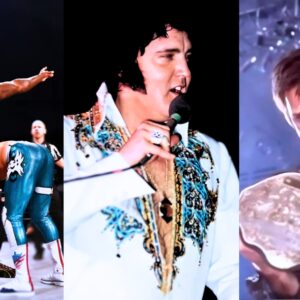 Left: Shaquille O’Neal makes his AEW debut at Daily’s Place in Jacksonville in 2021. Center: Elvis Presley performs at Crisler Arena just months before his planned match with Jerry Lawler in 1977. Right: David Arquette celebrates his controversial WCW World Championship victory at Thunder in 2000. Three moments that showcase wrestling’s evolving relationship with celebrity involvement across five decades.