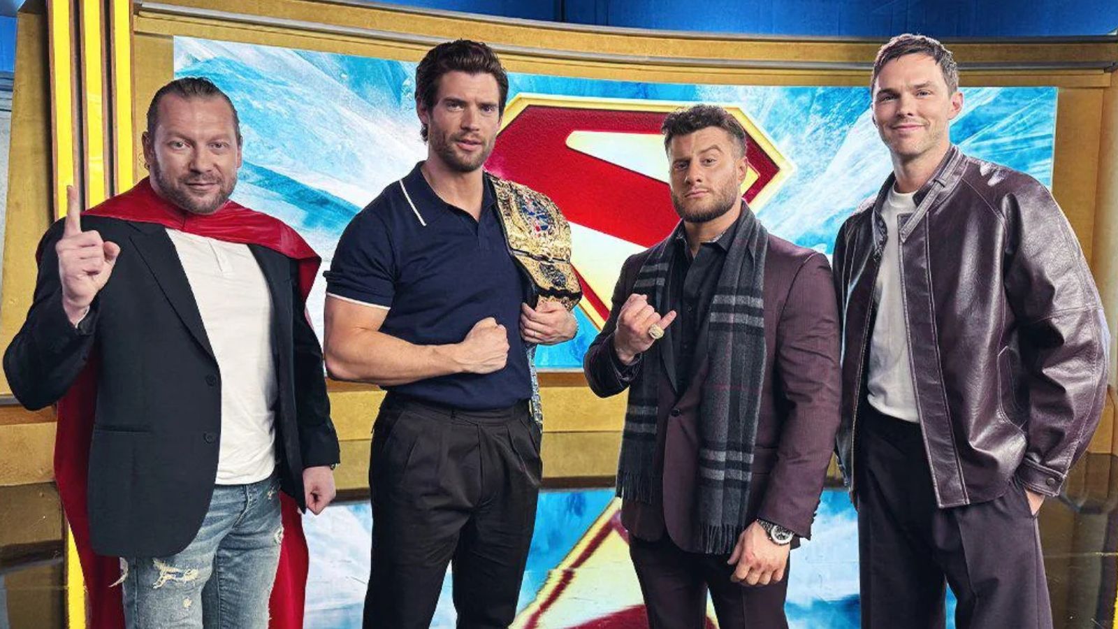 David Corenswet (Superman) and Nicholas Hoult (Lex Luthor) from James Gunn’s Superman (2025) film meet AEW wrestlers Maxwell Jacob Friedman (MJF) and Kenny Omega backstage at All Elite Wrestling Dynamite Episode 300 on TNT Sports television July 2025.
