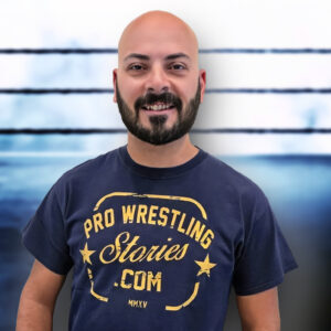 JP Zarka, seen here proudly wearing a Pro Wrestling Stories shirt, created the website and brand in 2015 to preserve wrestling’s untold history. He opened up about the journey behind it all during an April 10, 2025 interview on Radio Woking.
