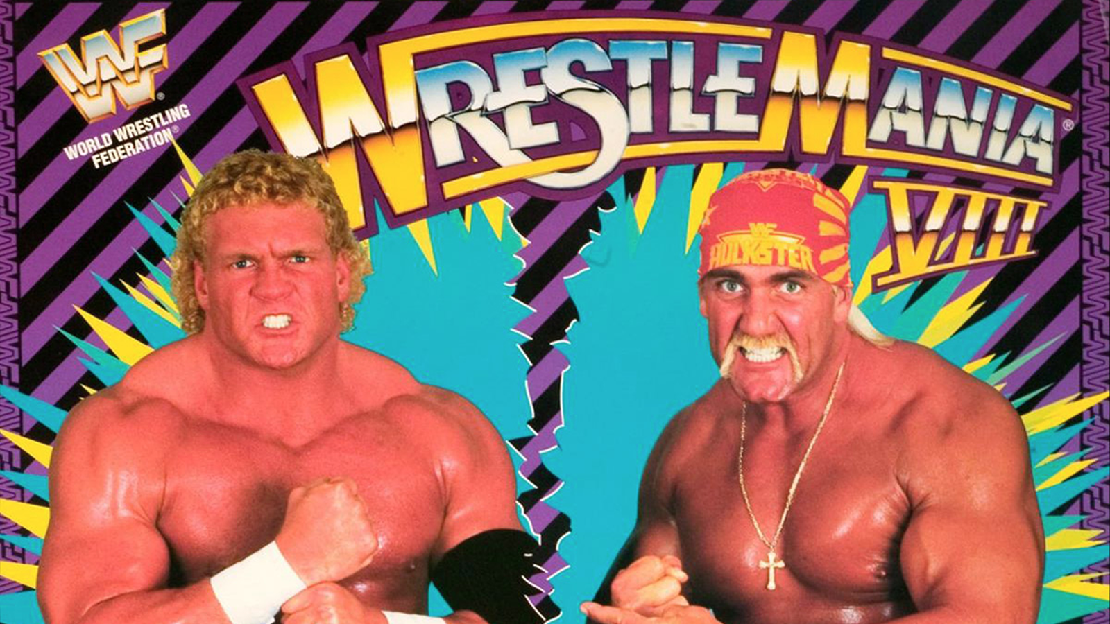 Official WrestleMania VIII poster featuring Hulk Hogan and Sid Justice ahead of their main event that ended in a botched Papa Shango run-in and Warrior return. 