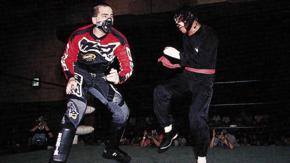 Jason Harrison as the Dirtbike Kid faces The Great Sasuke (Masanori Murakawa) at Michinoku Pro Wrestling’s 1999 Fukumen World League in Japan, seconds before professional wrestling became legitimate violence when Harrison refused to follow the predetermined script. 