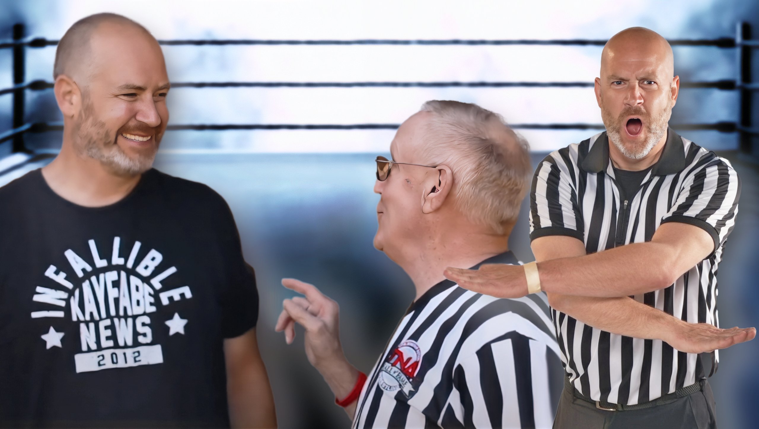 Kayfabe News creator Colin Hunter, seen here alongside noted WWE and TNA referee Earl Hebner, trades satire for stripes in the new documentary The Ref Didn’t See It! And reality hit him harder than expected.