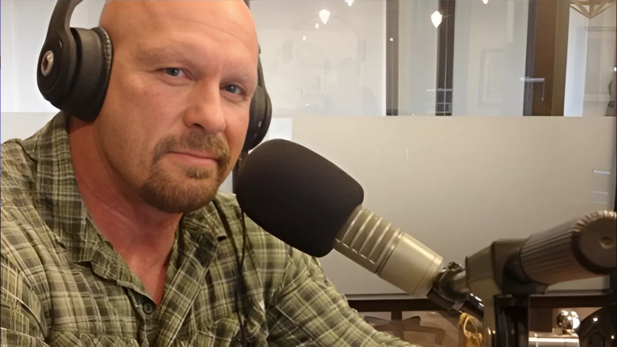 Stone Cold Steve Austin in his studio during The Steve Austin Show, which launched in 2013 as one of the very first pioneering wrestler-hosted pro wrestling shoot interview shows that transformed the format into mainstream entertainment. 
