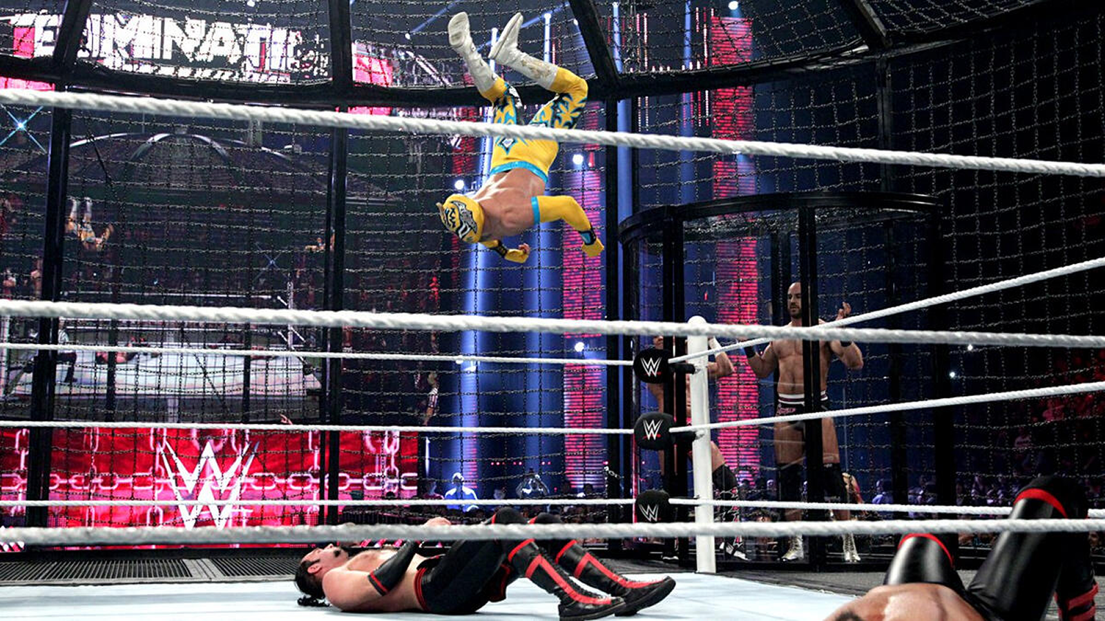 7 Elimination Chamber Moments That Broke WWE Kalisto of The Lucha Dragons performs a high-impact senton bomb on Viktor from The Ascension during WWE's first-ever Tag Team Elimination Chamber match at Elimination Chamber 2015.
