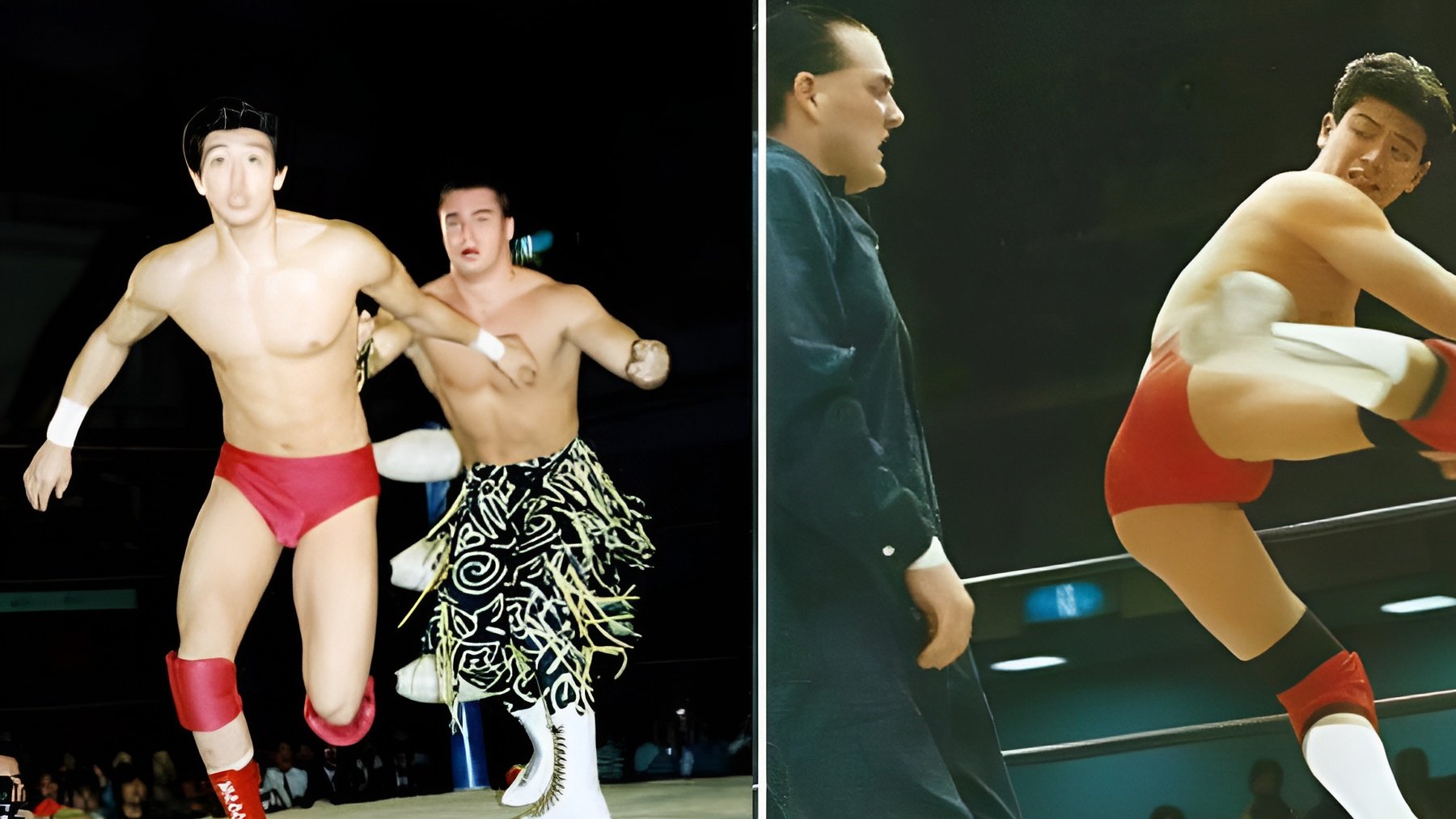 Young Eiji Ezaki (center) during his early training with wrestling legends Lance Storm (right) and the Dynamite Kid (left), learning fundamental techniques before becoming Hayabusa. This formative period under established wrestlers shaped his eventual high-flying style and revolutionary approach to professional wrestling.