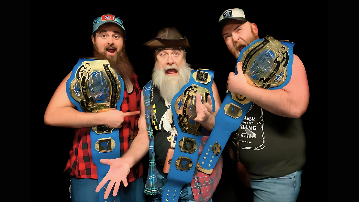 NYWC Trios Champions Dirty Deedz featuring Uncle Billy (Bill Pierce) with partners Dirk Moore and Johnny Malloy in 2024 – the latest transformation of the enduring wrestler who refused to fade away. 
