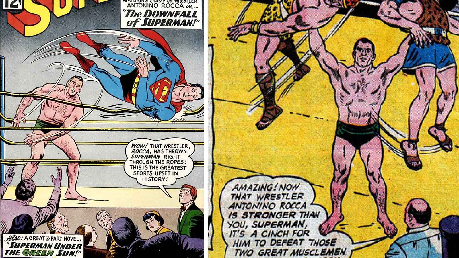 Professional wrestler Antonio Rocca battles Superman in DC Comics Superman No. 155 (1962) charity wrestling match, featuring Vincent J. McMahon Sr.’s top WWE predecessor star in his only comic book appearance with identity-swapping plot involving Mr. Mxyzptlk.