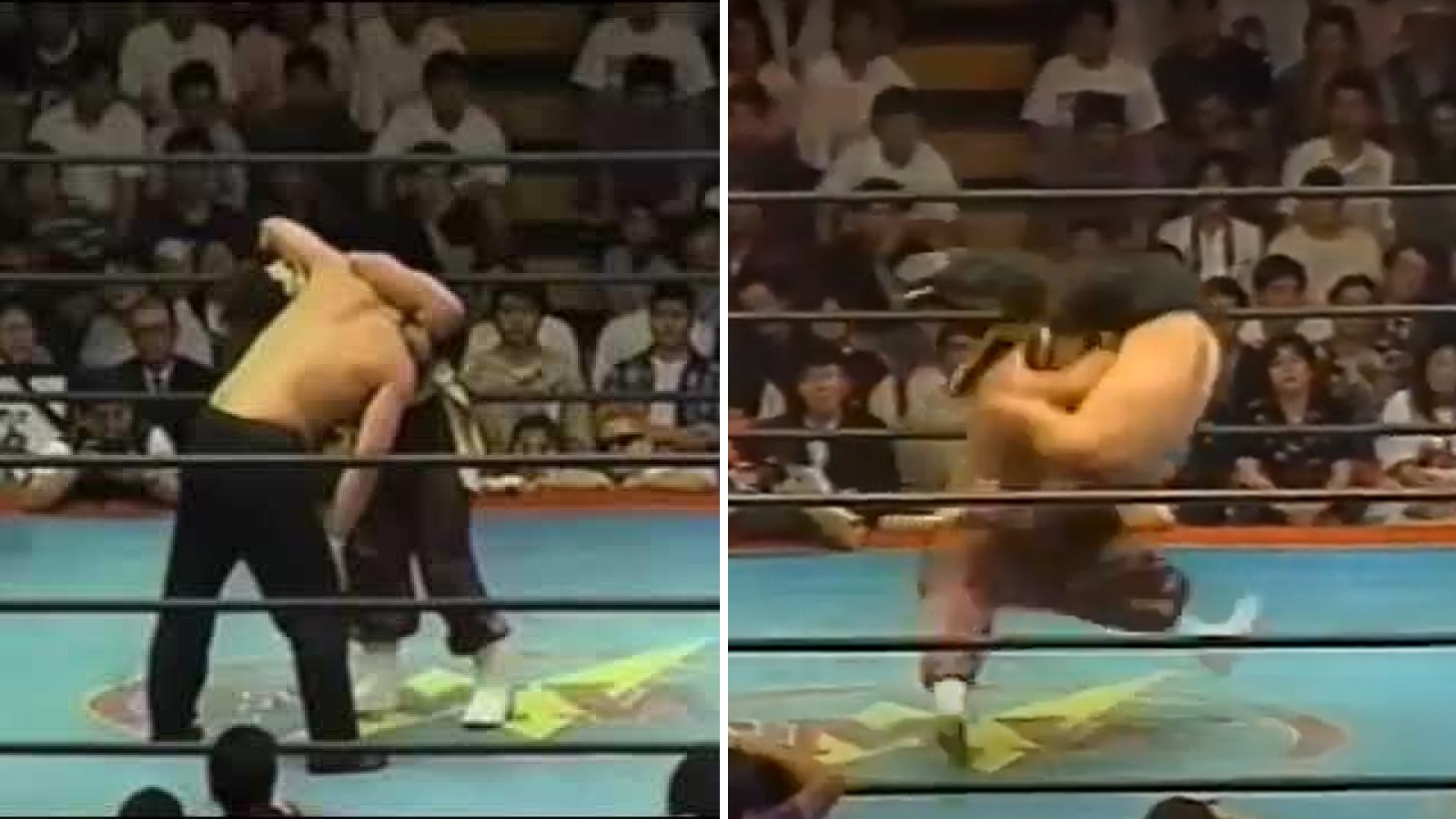 Hayabusa executes his signature Falcon Arrow maneuver, showcasing the explosive power and precision that defined his in-ring style in FMW's hardcore wrestling environment. This innovative high-flying technique influenced modern wrestlers including Seth Rollins, who regularly performs similar aerial combinations in WWE performances.