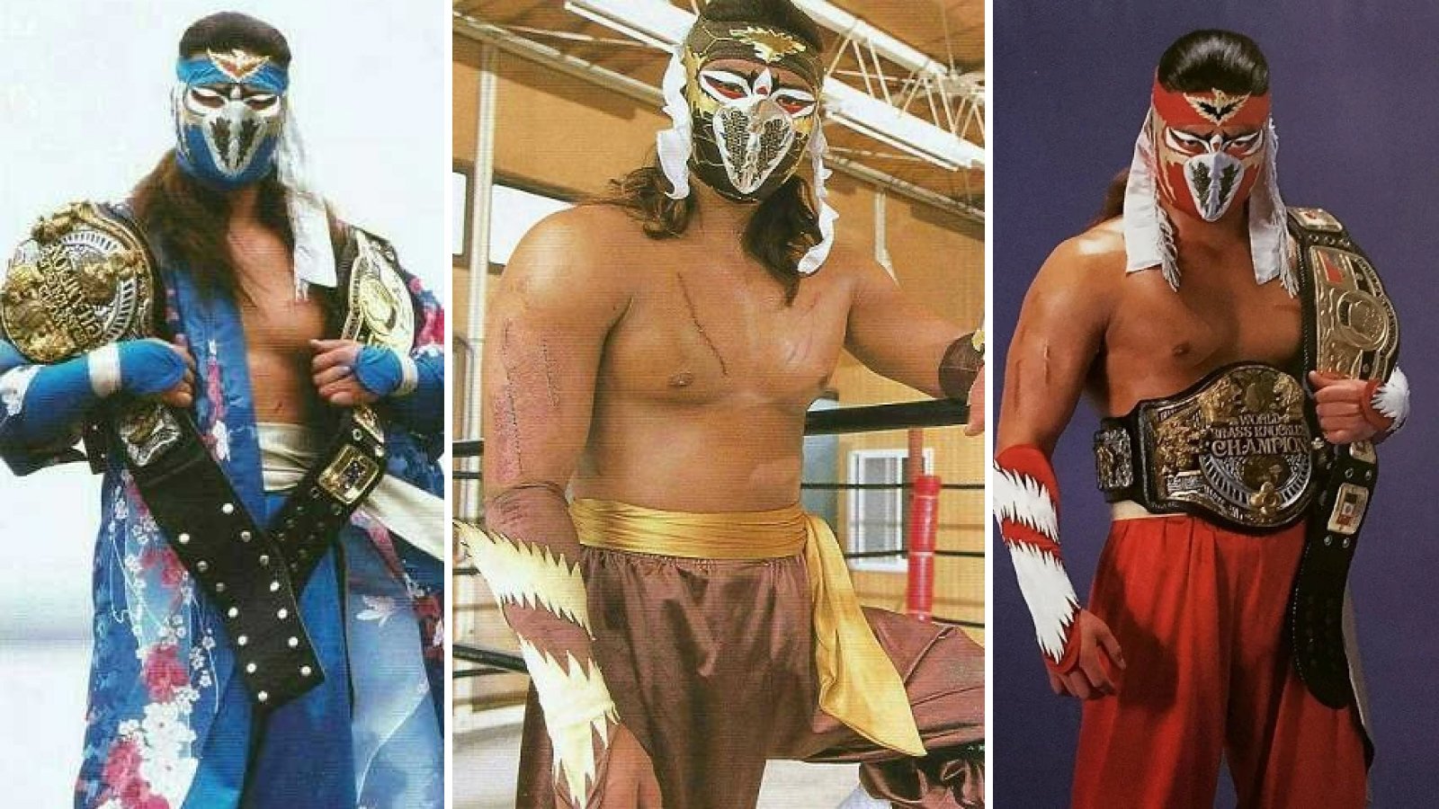 Hayabusa displays his championship accomplishments including the FMW Brass Knuckles Heavyweight Championship (3x), FMW Independent Heavyweight Championship (1x), and WEW World Heavyweight Championship. These titles document Eiji Ezaki's rise from young trainee to FMW's most decorated main-event performer and influential high-flyer of the 1990s.
