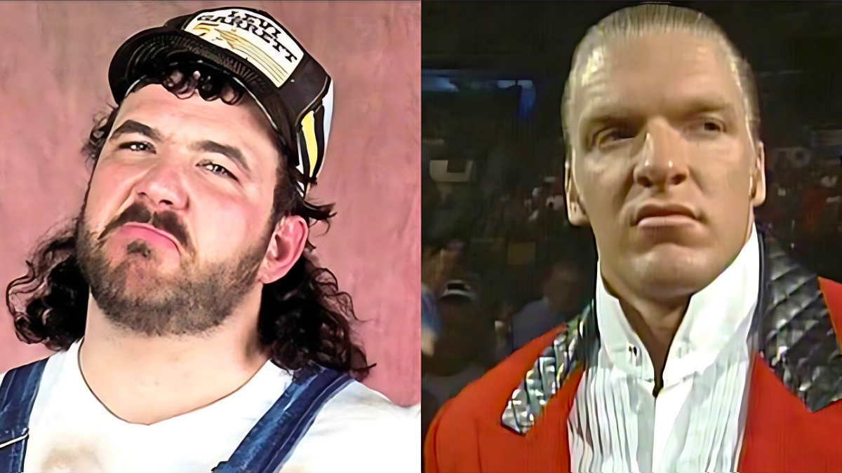 Mark Canterbury as Henry O. Godwinn and Paul Levesque (Triple H) as Hunter Hearst Helmsley during their 1995 WWE feud that led to the Arkansas Hog Pen Match.
