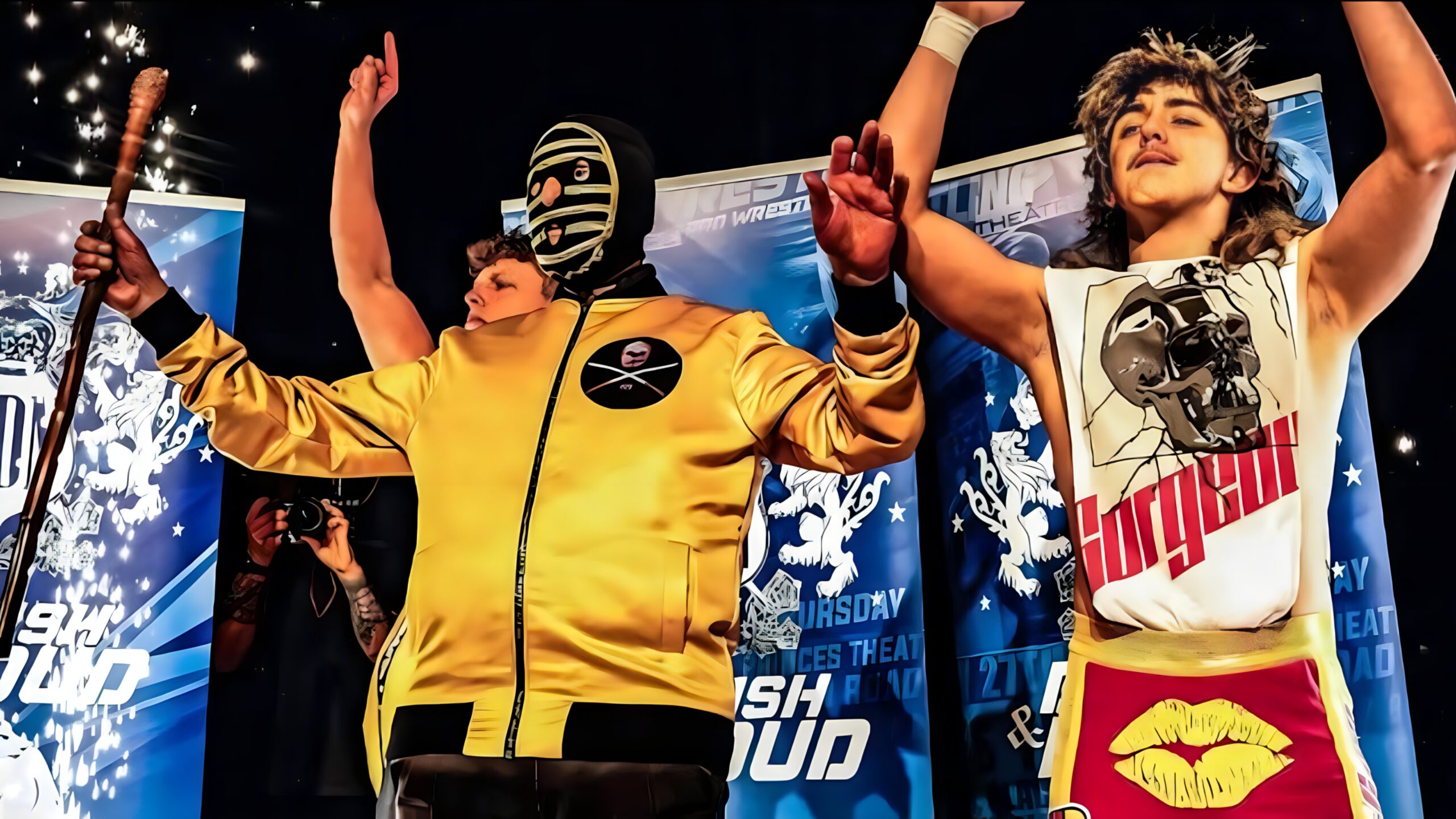 Kendo Nagasaki (Peter Thornley, center, in mask) with partners Dead Gorgeous (Ben & Jordan Nelson) in his record-breaking match at age 84 and 35 days old on November 23, 2025. 