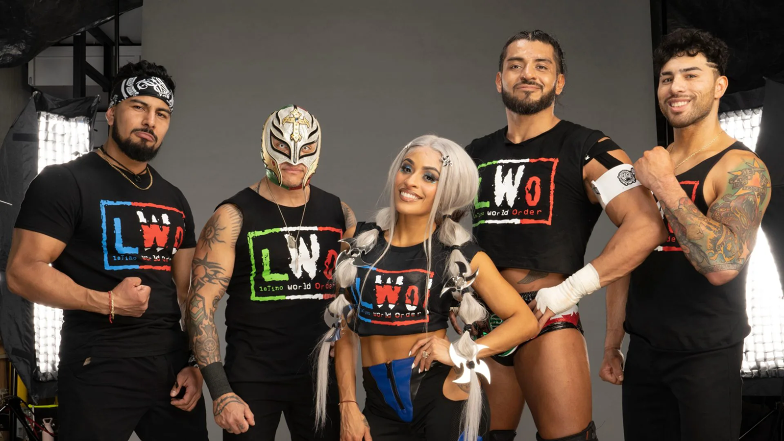 The 2023 WWE LWO (Latino World Order) revival featured Rey Mysterio Jr. as leader alongside Zelina Vega, Santos Escobar, Joaquin Wilde, and Cruz Del Toro, with Mysterio as the sole surviving member from the original 1998 WCW faction. 